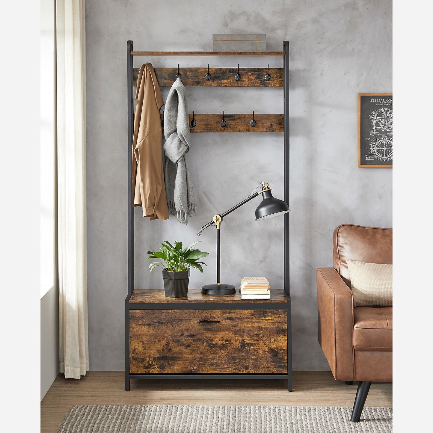 Garderobe mit sitzbank, Schuhkipper, Kleiderständer, 9 Haken, obere Ablage, garderobenständer, schwarz, VASAGLE, 4