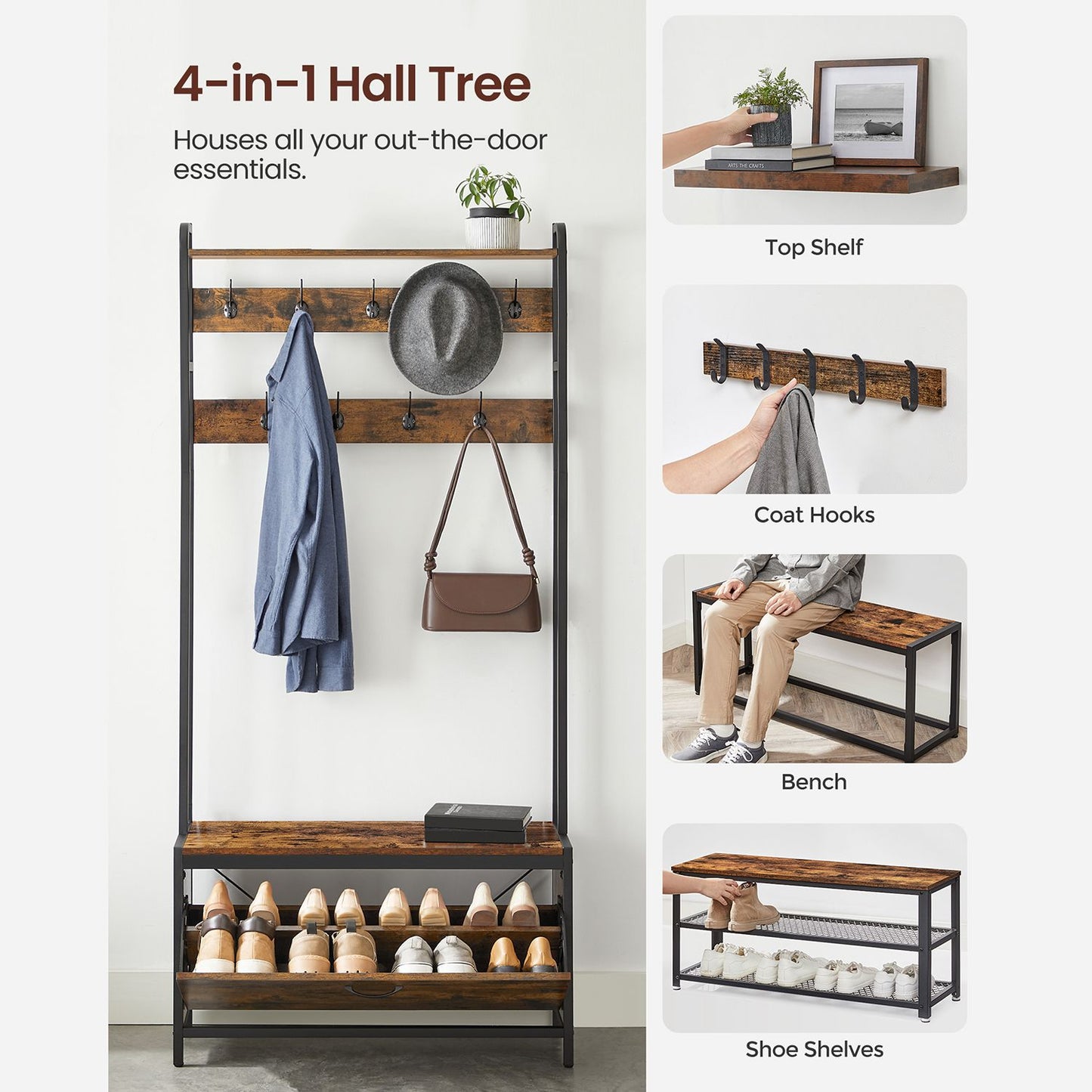Garderobe mit sitzbank, Schuhkipper, Kleiderständer, 9 Haken, obere Ablage, garderobenständer, schwarz, VASAGLE, 5