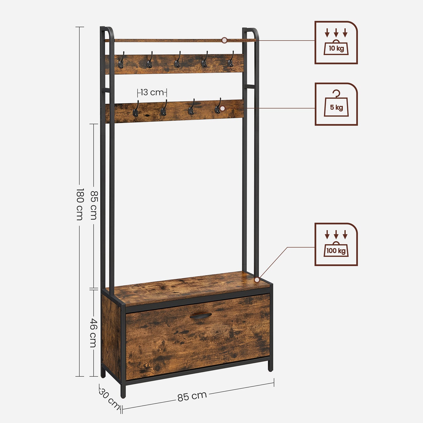 Garderobe mit sitzbank, Schuhkipper, Kleiderständer, 9 Haken, obere Ablage, garderobenständer, schwarz, VASAGLE, 8