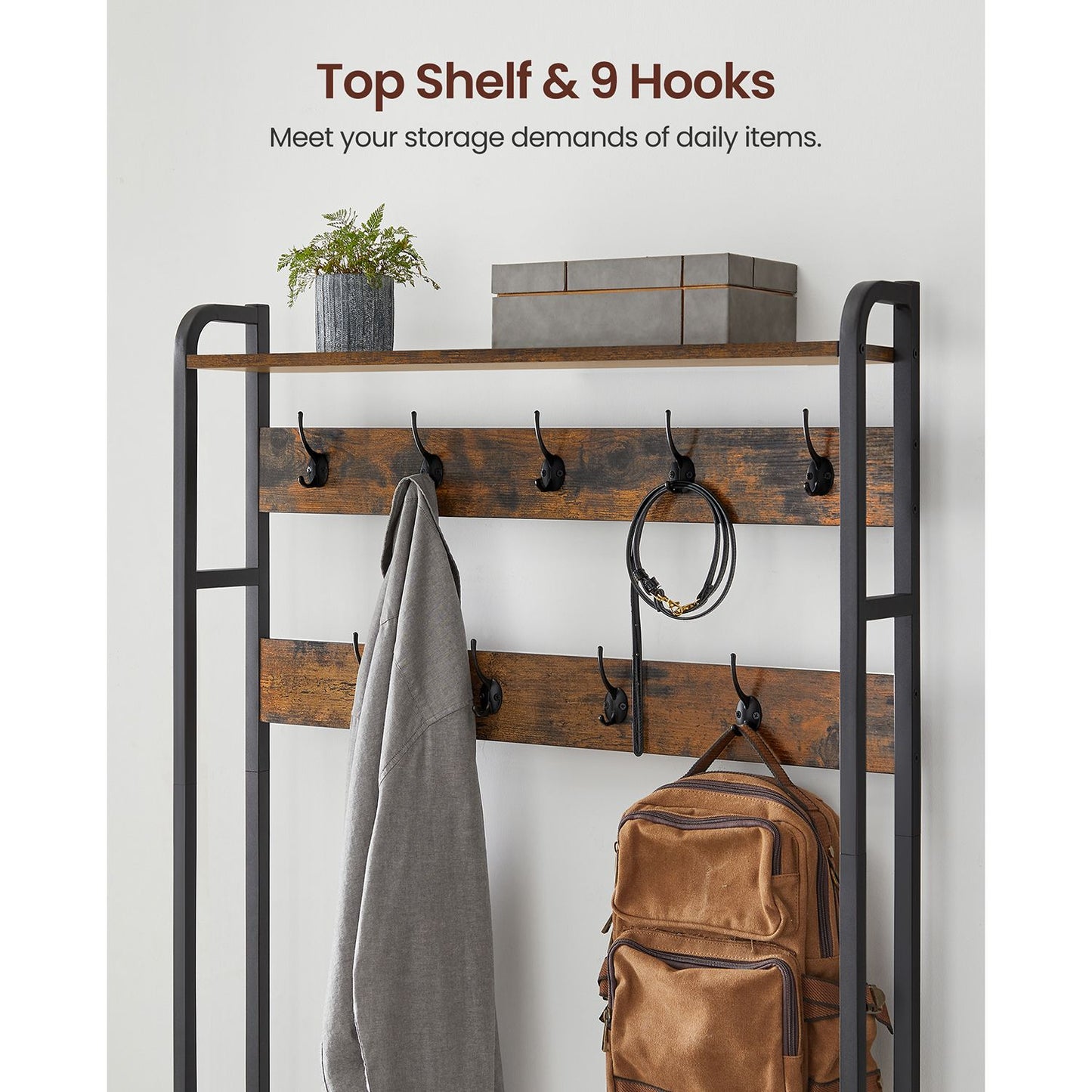 Garderobe mit sitzbank, Schuhkipper, Kleiderständer, 9 Haken, obere Ablage, garderobenständer, schwarz, VASAGLE, 9