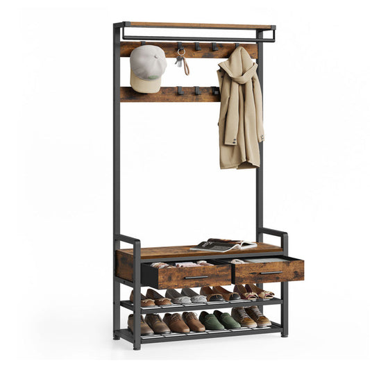 Garderobenständer, Garderobe mit sitzbank, 2 Schubladen, 2 Ablagen, 10 Haken, Vintagebraun-Schwarz, VASAGLE, 1