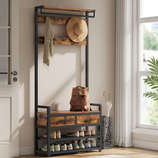 VASAGLE - Garderobenständer, 30 x 80,4 x 181,6 cm, Garderobe mit sitzbank, Kleiderstange, 2 Schubladen, 2 Ablagen, 10 Haken