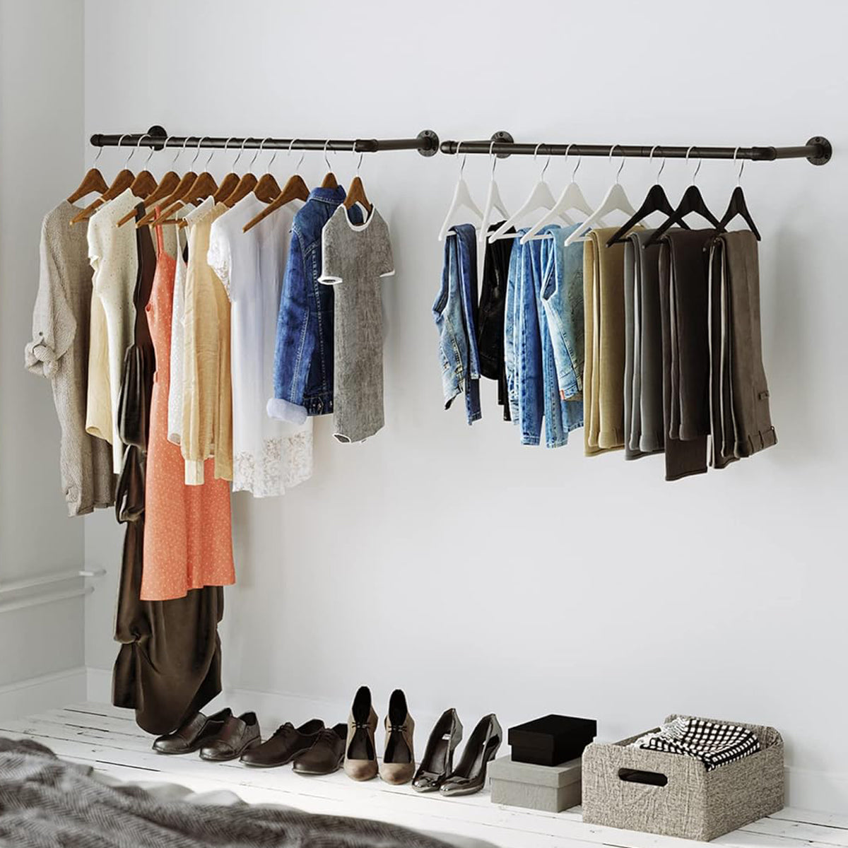 Kleiderstange Wand, 2er Set, Garderobenstangen, bis 60kg, Platzsparend, Kleiderstange Wandmontage, Schwarz, SONGMICS, 0