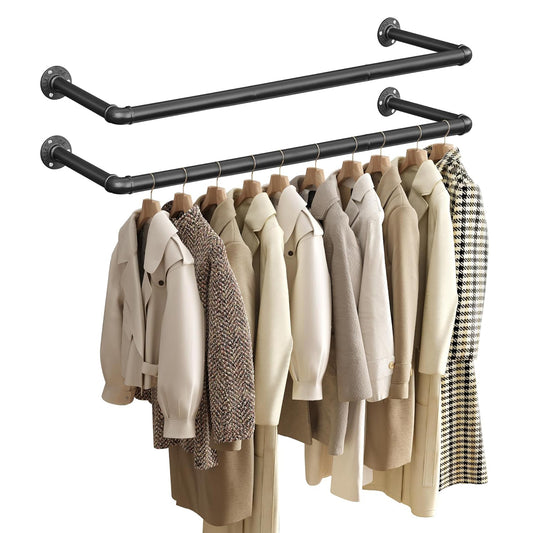 Kleiderstange Wand, 2er Set, Garderobenstangen, bis 60kg, Platzsparend, Kleiderstange Wandmontage, Schwarz, SONGMICS, 1