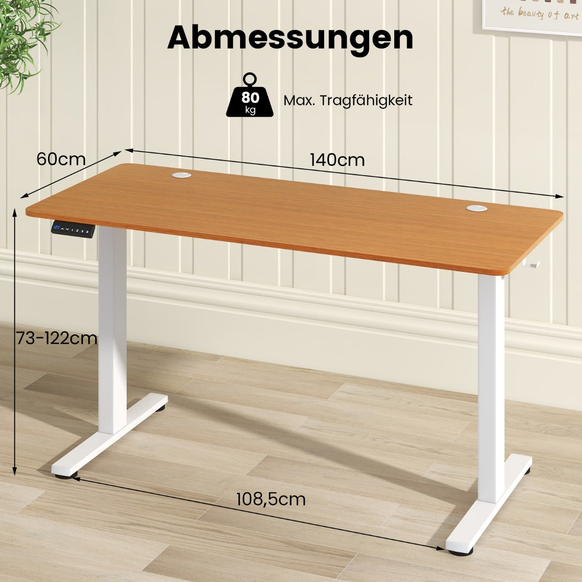 Höhenverstellbarer Schreibtisch, 140x60x(73-122) cm, Höhenverstellbarer Schreibtisch Elektrisch, Costway, 5
