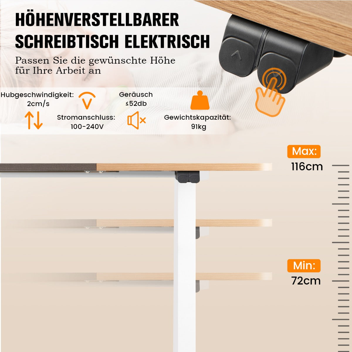 Höhenverstellbarer Schreibtisch, Elektrischer Höhenverstellbarer Schreibtisch, Gewichtskapazität 90 kg, Eiche, Costway, 3