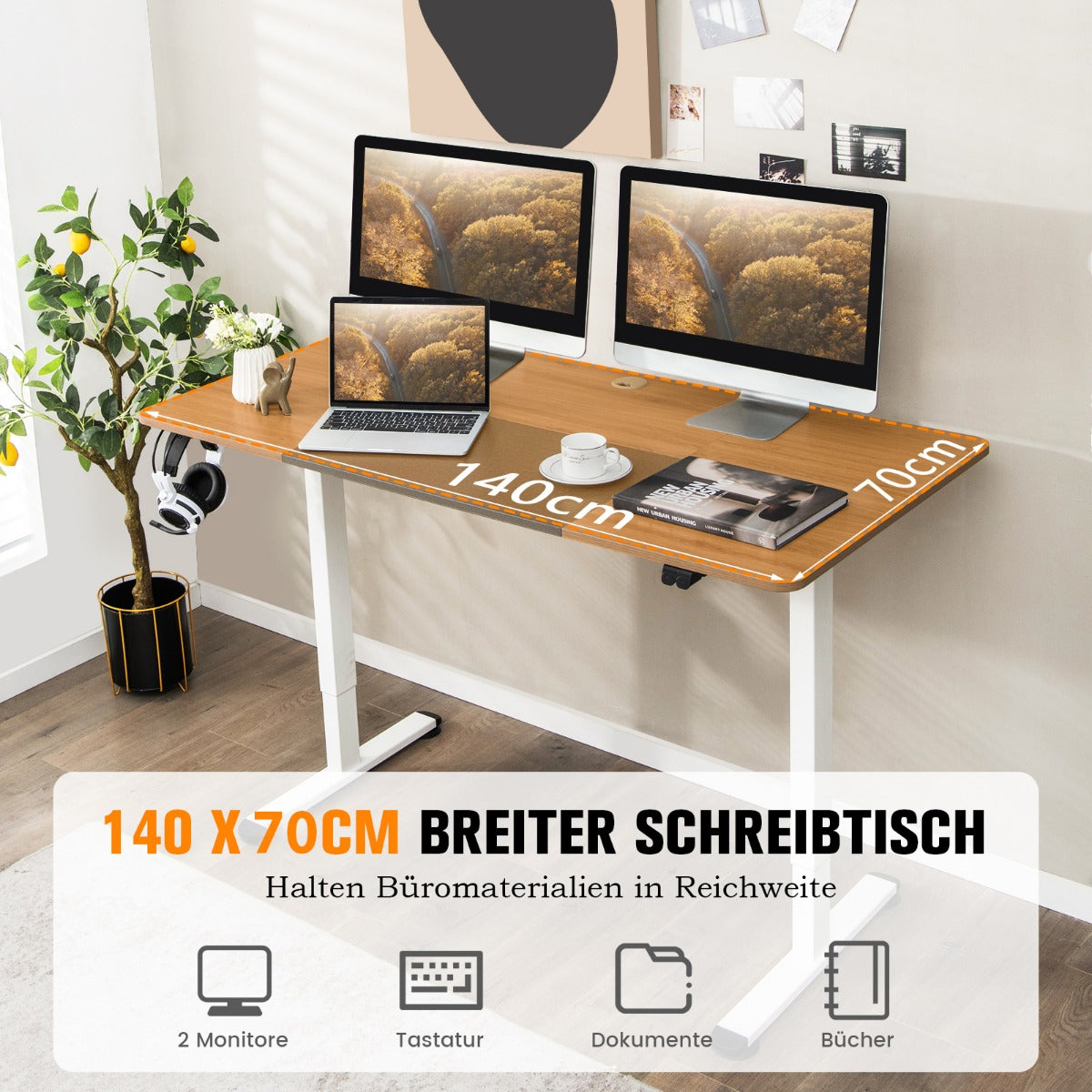 Höhenverstellbarer Schreibtisch, Elektrischer Höhenverstellbarer Schreibtisch, Gewichtskapazität 90 kg, Eiche, Costway, 5
