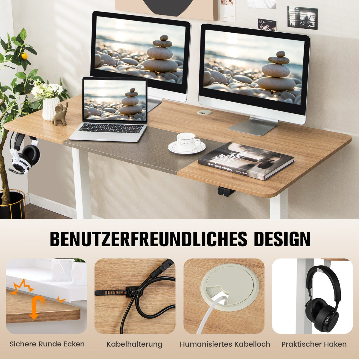 Höhenverstellbarer Schreibtisch, Elektrischer Höhenverstellbarer Schreibtisch, Gewichtskapazität 90 kg, Eiche, Costway, 6