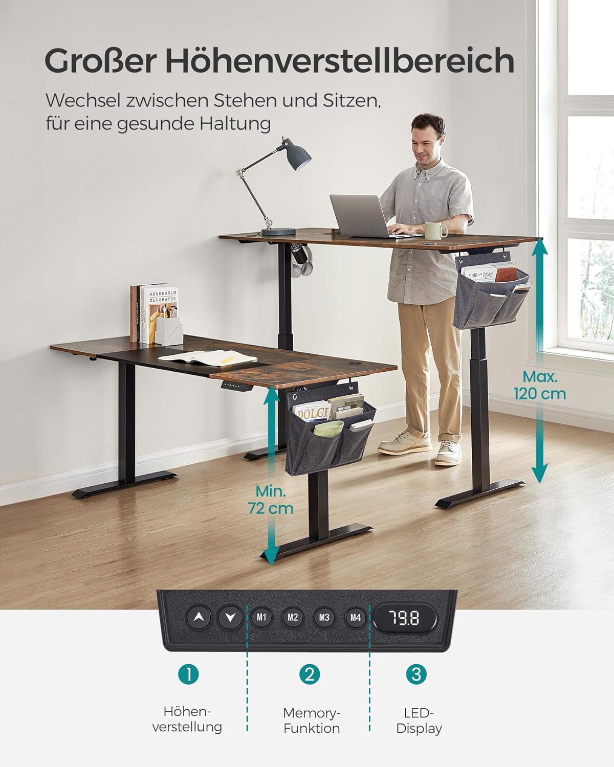 Höhenverstellbarer Schreibtisch elektrisch, stufenlos verstellbar, gespleißte Platte, Memory-Funktion mit 4 Höhen, SONGMICS, 3