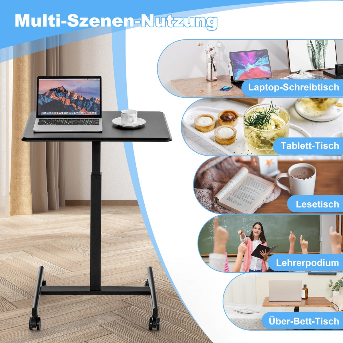Höhenverstellbarer Schreibtisch, mit Rädern, Laptoptisch Höhenverstellbarer, Laptoptisch Sofa, Laptoptisch Bett, Costway, 5