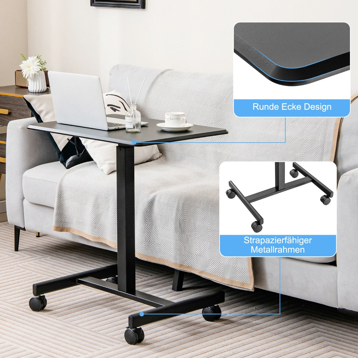 Höhenverstellbarer Schreibtisch, mit Rädern, Laptoptisch Höhenverstellbarer, Laptoptisch Sofa, Laptoptisch Bett, Costway, 7