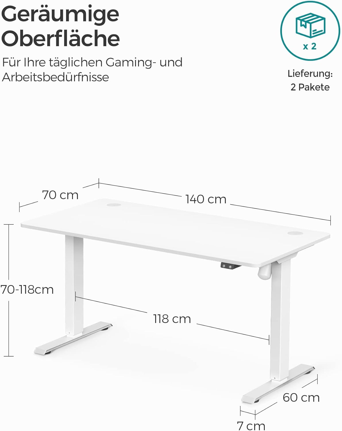 Höhenverstellbarer Schreibtisch elektrisch, Tischgestell, Schreibtischständer, mit Tischplatte, Stahl, weiß, SONGMICS, 2