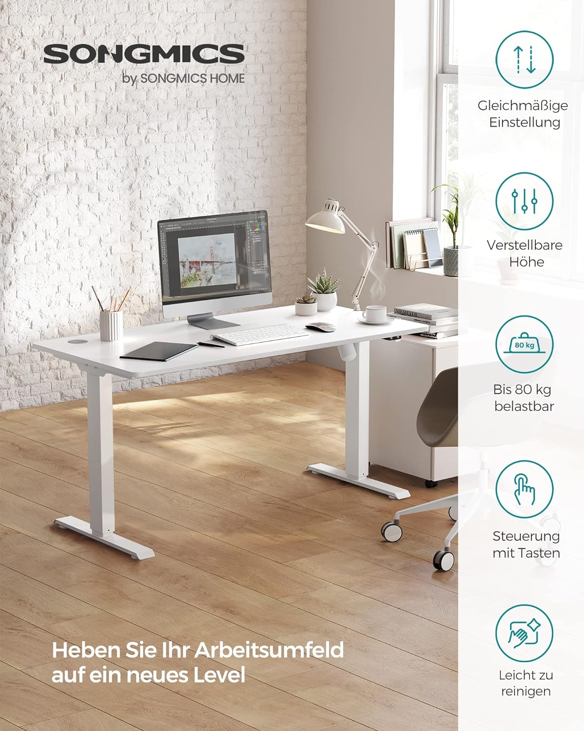 Höhenverstellbarer Schreibtisch elektrisch, Tischgestell, Schreibtischständer, mit Tischplatte, Stahl, weiß, SONGMICS, 3