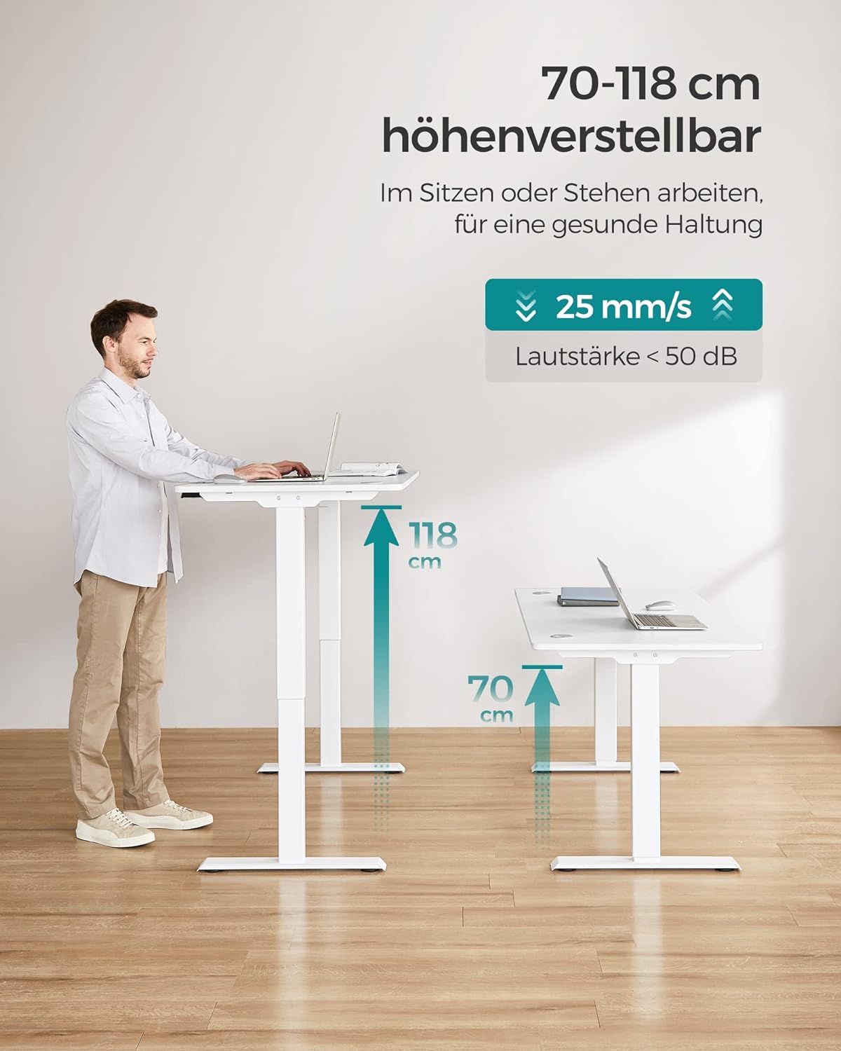 Höhenverstellbarer Schreibtisch elektrisch, Tisch Höhenverstellbar, Laptoptisch Höhenverstellbar, Stahl, weiß, SONGMICS, 3