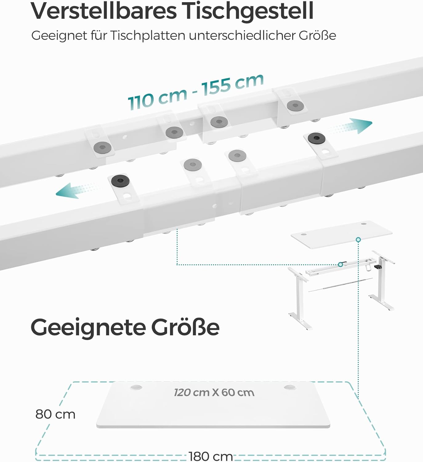 Höhenverstellbarer Schreibtisch elektrisch, Tischgestell, Schreibtischständer, mit Tischplatte, Stahl, weiß, SONGMICS, 6
