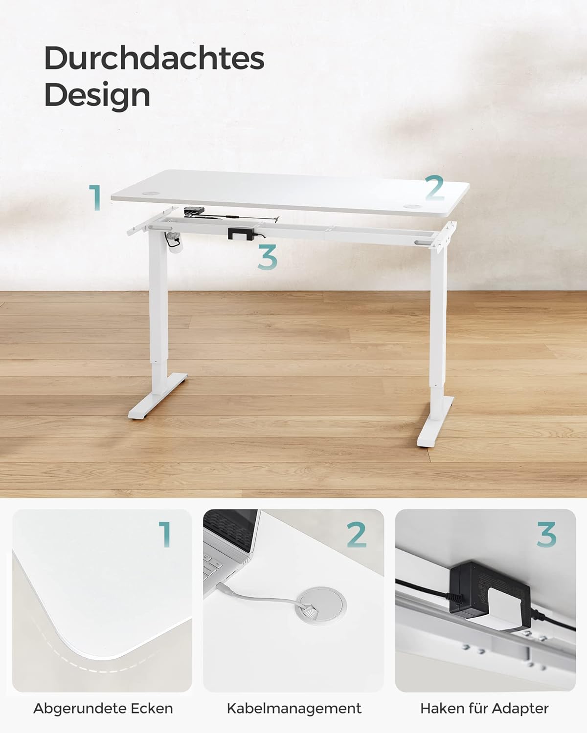 Höhenverstellbarer Schreibtisch elektrisch, Tischgestell, Schreibtischständer, mit Tischplatte, Stahl, weiß, SONGMICS, 8