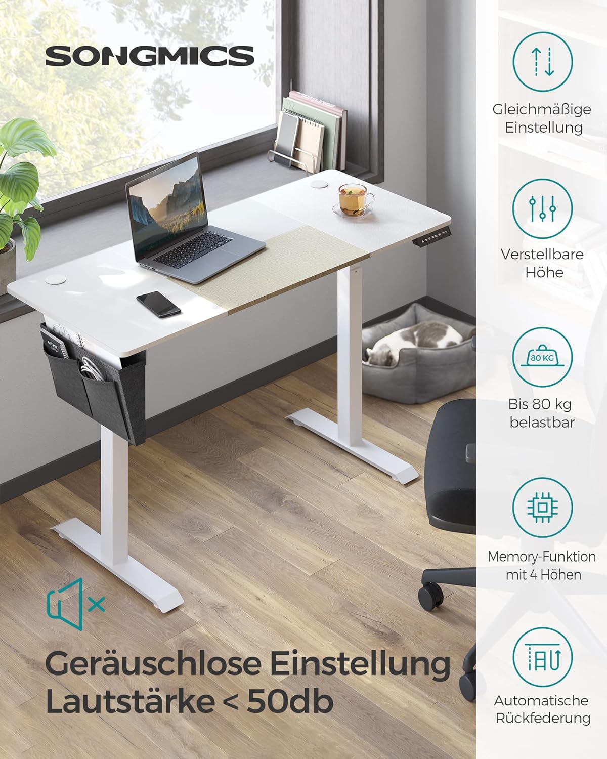 Höhenverstellbarer Schreibtisch elektrisch, stufenlos verstellbar, gespleißte Platte, Memory-Funktion mit 4 Höhen, SONGMICS, 2
