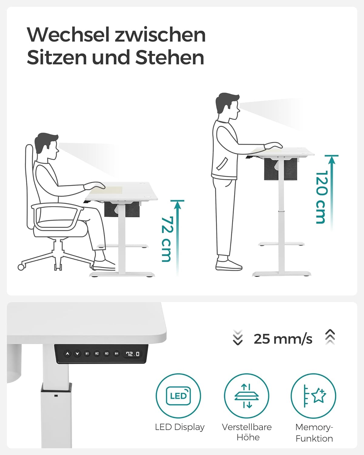 Höhenverstellbarer Schreibtisch elektrisch, stufenlos verstellbar, gespleißte Platte, Memory-Funktion mit 4 Höhen, SONGMICS, 3