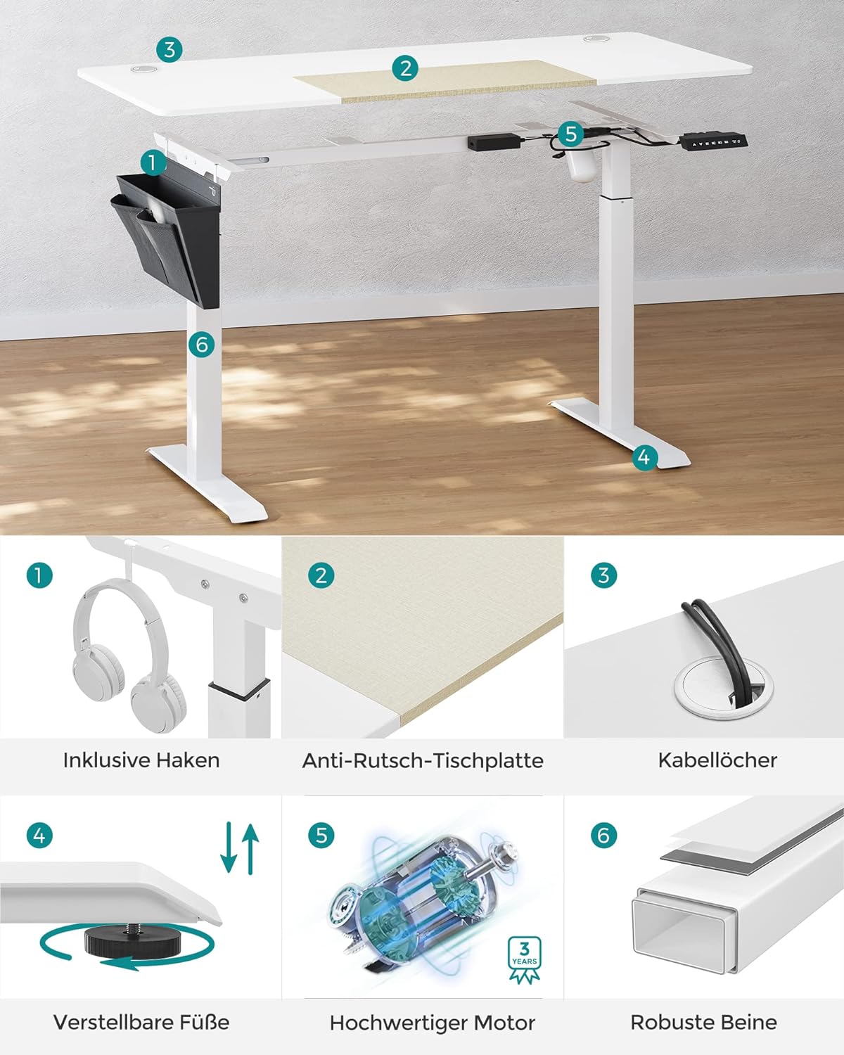 Höhenverstellbarer Schreibtisch Elektrisch, Höhenverstellbarer Tisch, verstellbarer, Laptoptisch Höhenverstellbar, SONGMICS, 6