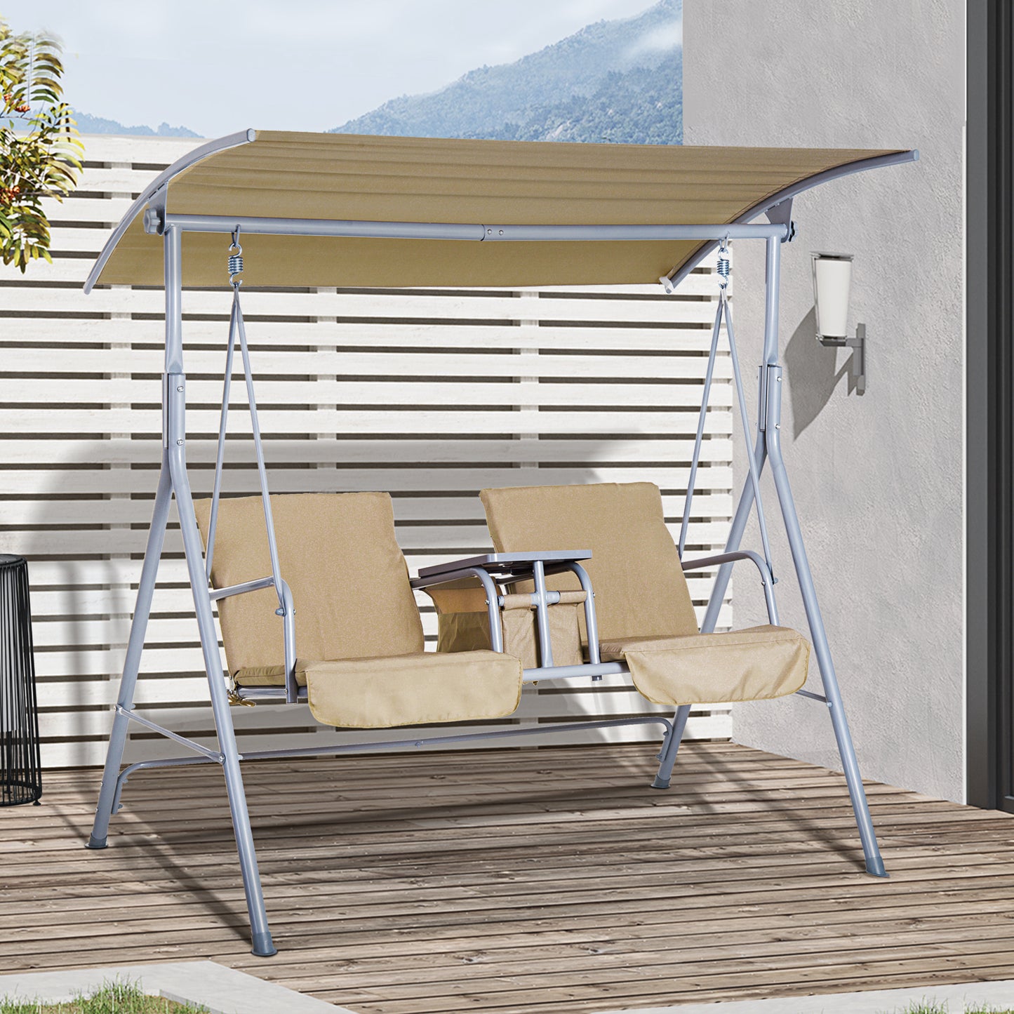 Hollywoodschaukel, 2-Sitzer, Gartenschaukel, Schaukel mit Sonnendach Beige 175 x 112 x 165 cm, Outsunny, 8
