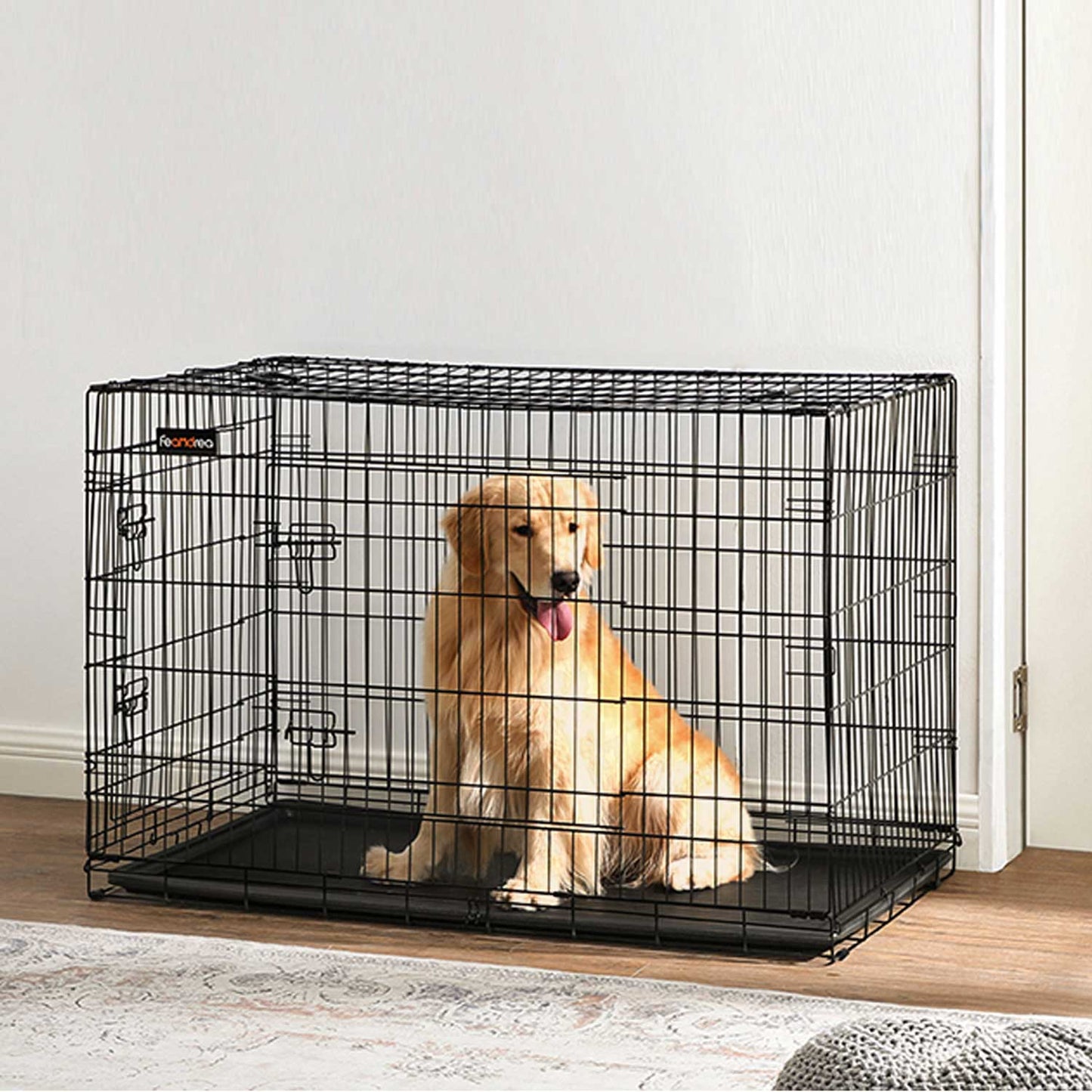 Hundekäfig, XXL, klappbar, mit 2 Türen, ausziehbare Kunststoffschale, Welpen Laufstall, 122x74,5x80,5 cm, schwarz, FEANDREA, 1