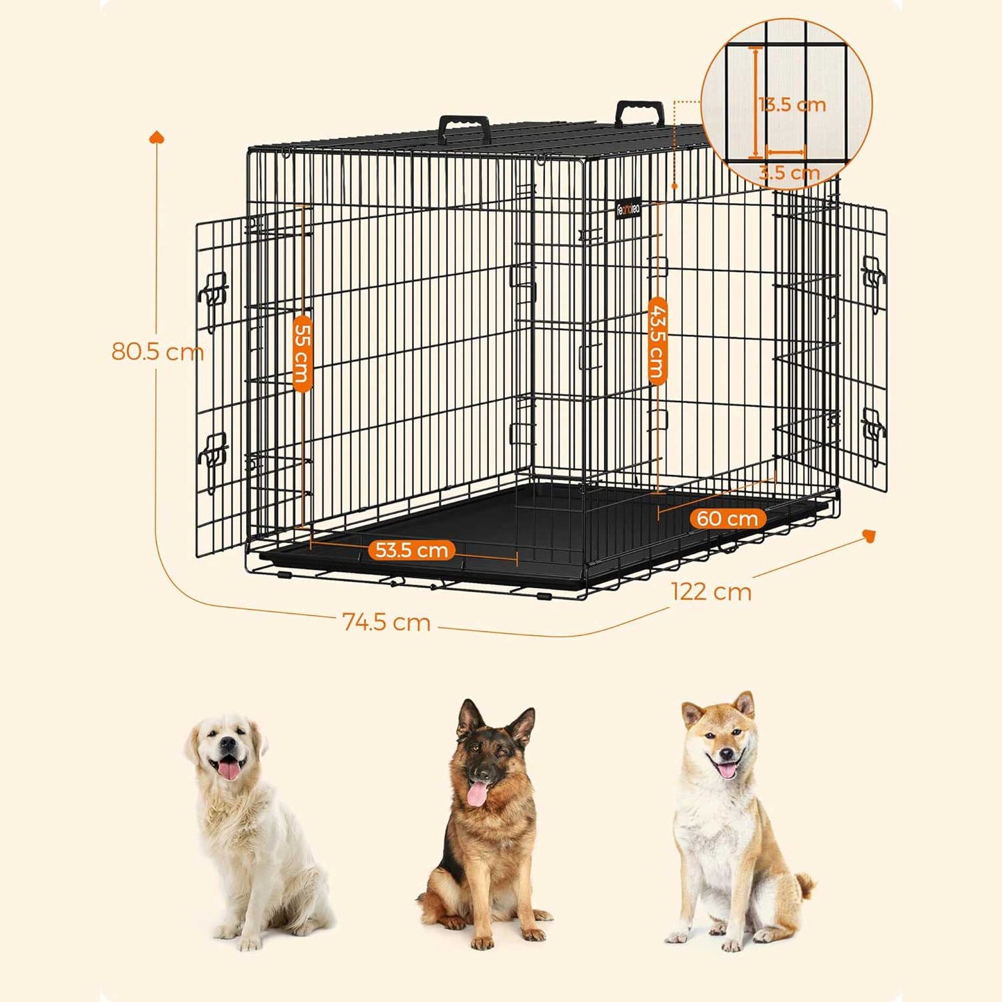 Hundekäfig, XXL, klappbar, mit 2 Türen, ausziehbare Kunststoffschale, Welpen Laufstall, 122x74,5x80,5 cm, schwarz, FEANDREA, 2