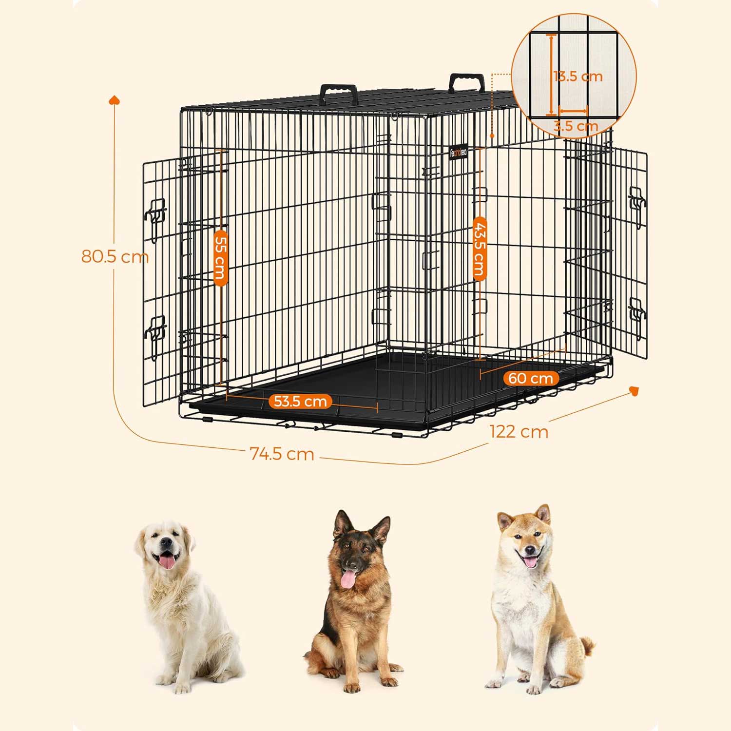 Hundekäfig, XXL, klappbar, mit 2 Türen, ausziehbare Kunststoffschale, Welpen Laufstall, 122x74,5x80,5 cm, schwarz, FEANDREA, 2