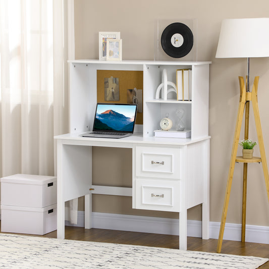 HOMCOM - Schreibtisch, Computertisch mit Schubladen, Offenen Fächern, Bürotisch mit Korkbrett, PC Tisch, Arbeitstisch, Weiß