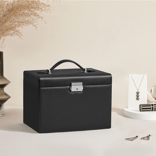 Schmuckkästchen, Schmuckbox, Schmuckschatulle, mit Spiegel, 4 Ebenen, 3 Schubladen, mit Griff, Schloss, Schwarz-beige, SONGMICS, 2