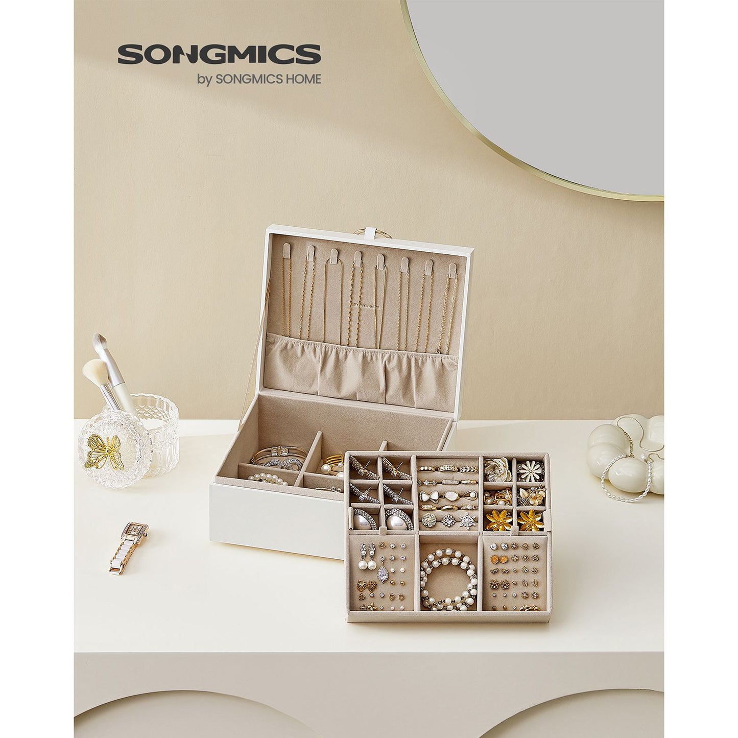Schmuckkästchen, 2 Ebenen, Schmuckschatulle, mit Griff, Schmuck Organizer, Schmuckbox, schwebender Effekt, weiß, SONGMICS, 2