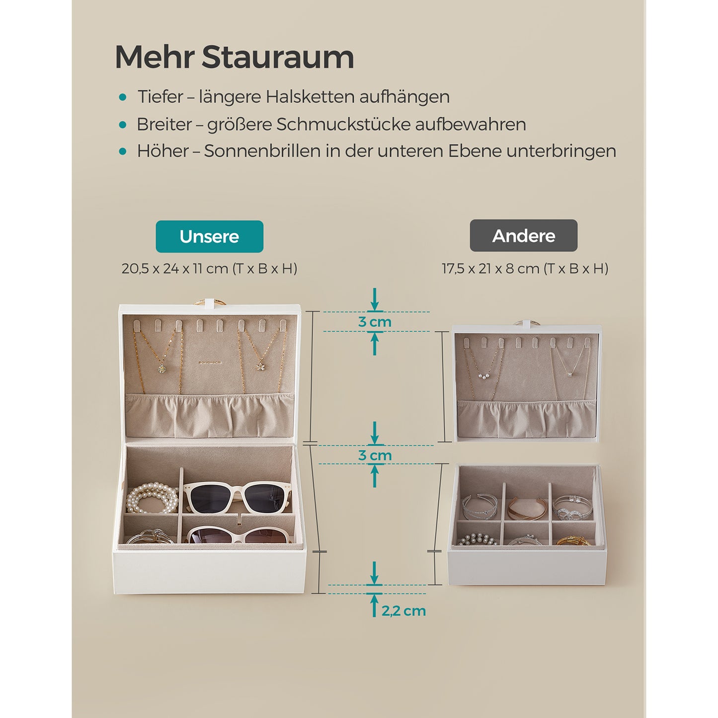 Schmuckkästchen, 2 Ebenen, Schmuckschatulle, mit Griff, Schmuck Organizer, Schmuckbox, schwebender Effekt, weiß, SONGMICS, 4