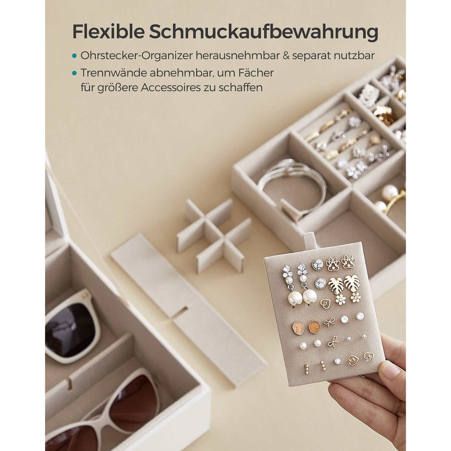 Schmuckkästchen, 2 Ebenen, Schmuckschatulle, mit Griff, Schmuck Organizer, Schmuckbox, schwebender Effekt, weiß, SONGMICS, 5