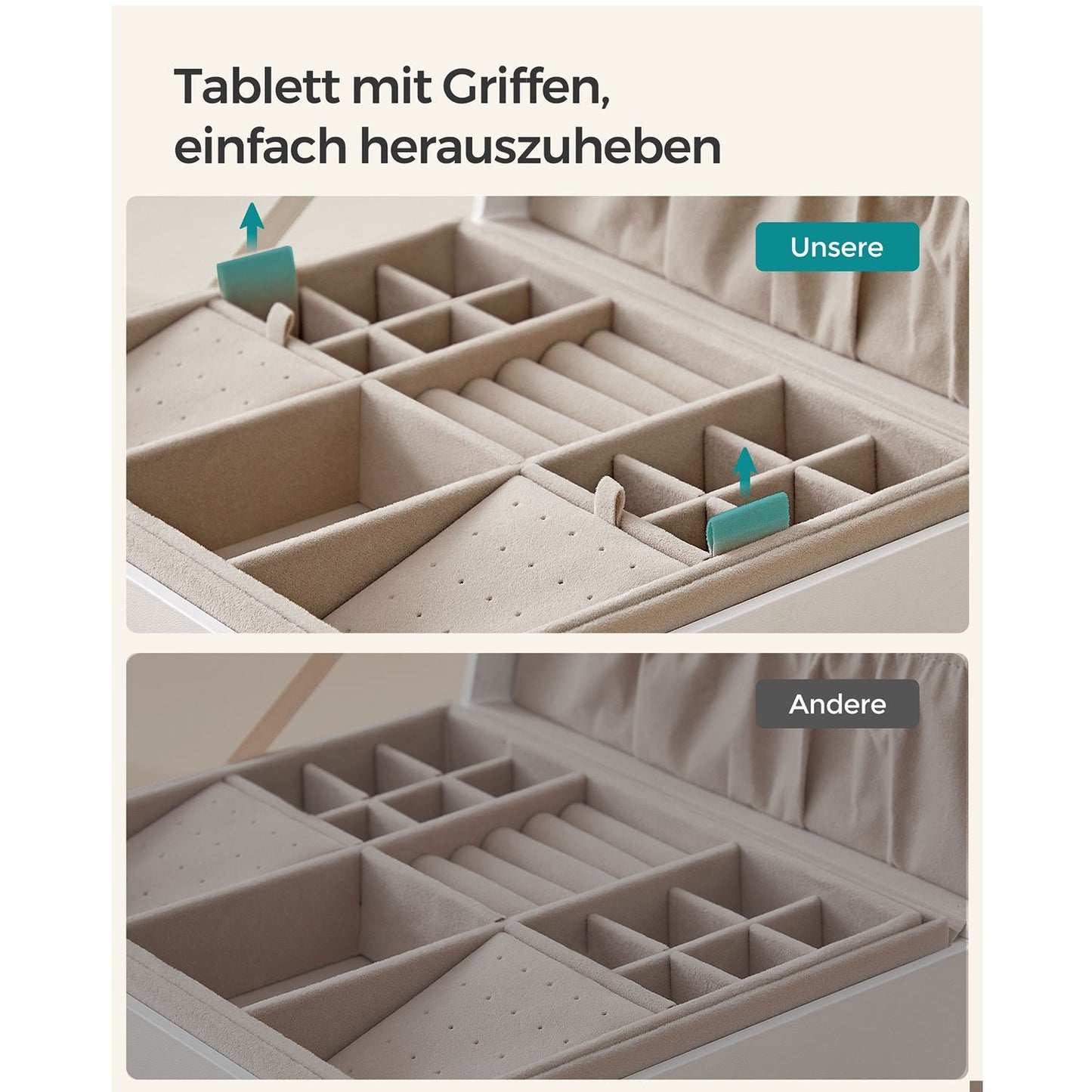 Schmuckkästchen, 2 Ebenen, Schmuckschatulle, mit Griff, Schmuck Organizer, Schmuckbox, schwebender Effekt, weiß, SONGMICS, 6