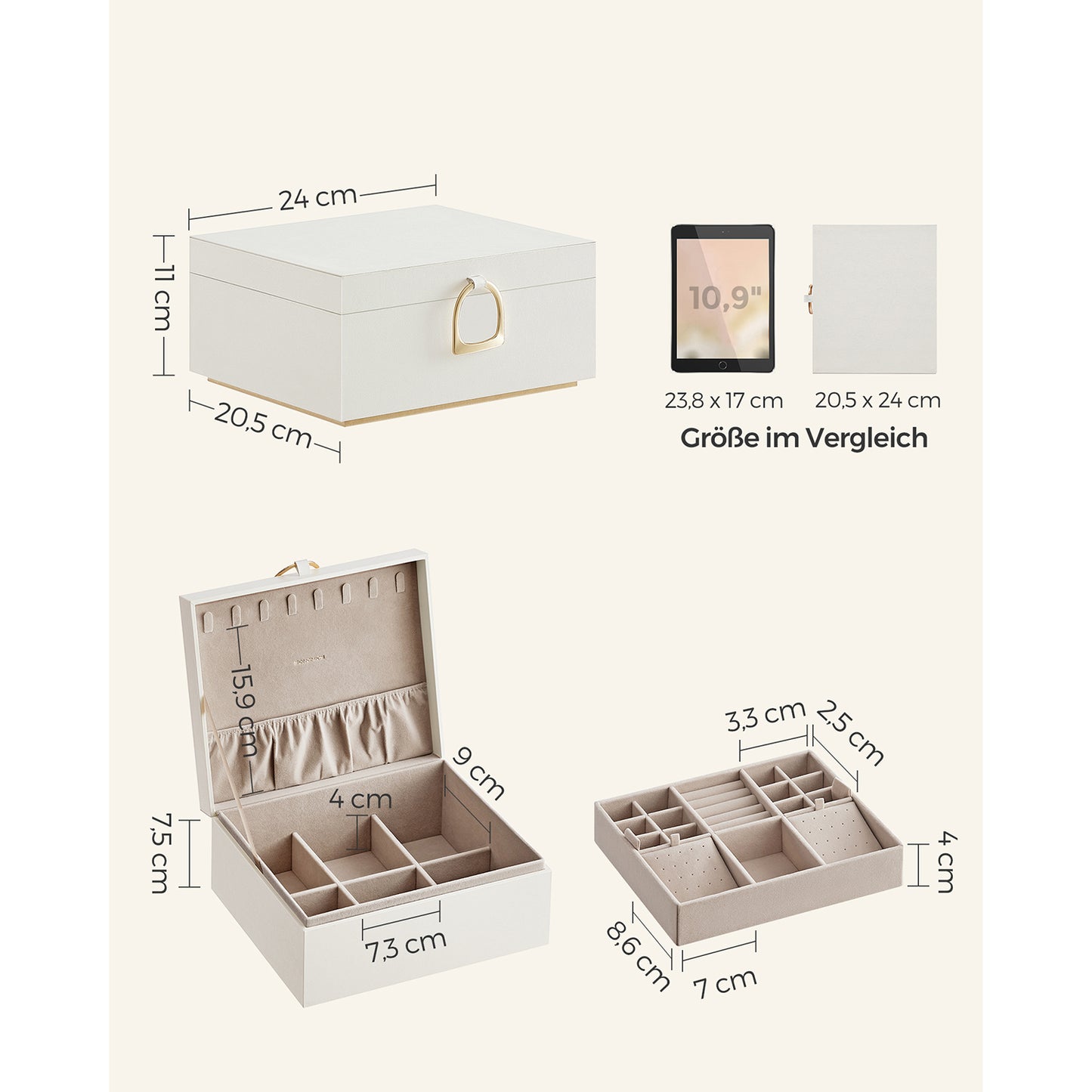 Schmuckkästchen, 2 Ebenen, Schmuckschatulle, mit Griff, Schmuck Organizer, Schmuckbox, schwebender Effekt, weiß, SONGMICS, 7