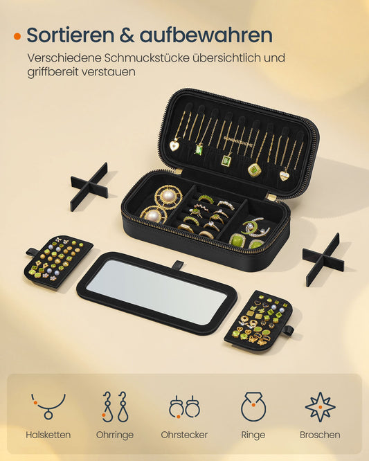 Schmuckkästchen, Schmuckbox, Schmuck organizer, klein, Reise, mit Spiegel, Reißverschluss, Schwarz, SONGMICS, 3