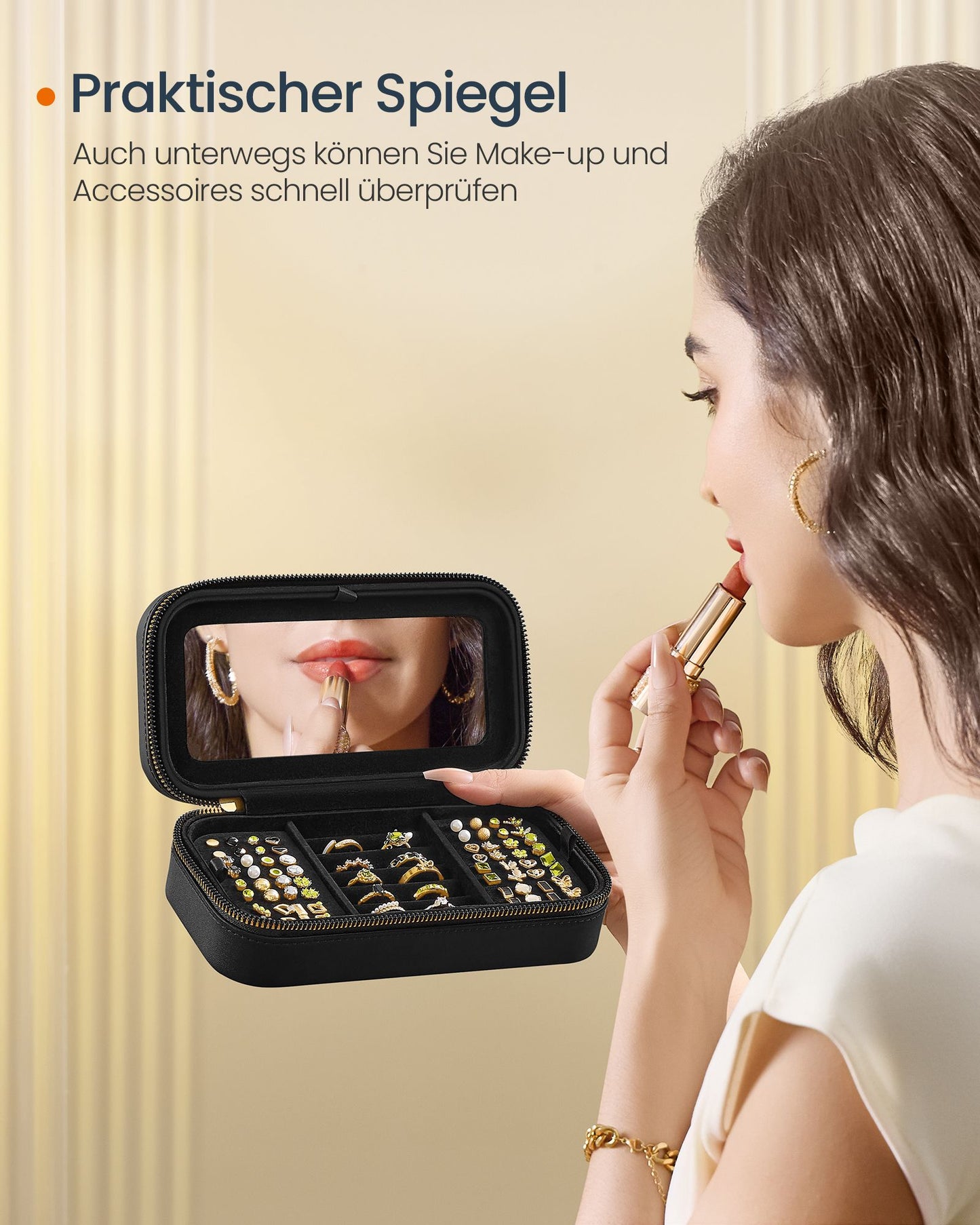 Schmuckkästchen, Schmuckbox, Schmuck organizer, klein, Reise, mit Spiegel, Reißverschluss, Schwarz, SONGMICS, 4