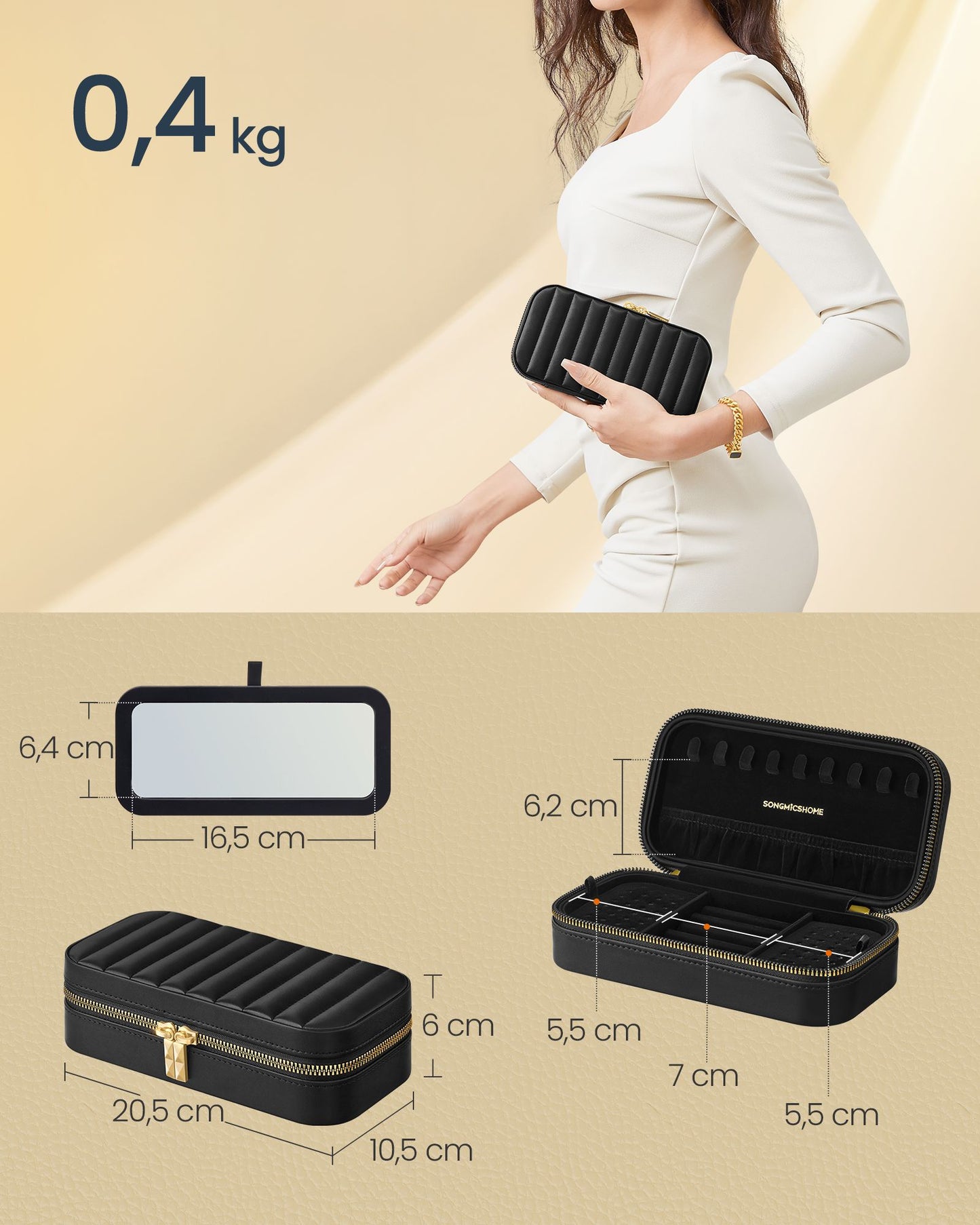 Schmuckkästchen, Schmuckbox, Schmuck organizer, klein, Reise, mit Spiegel, Reißverschluss, Schwarz, SONGMICS, 5