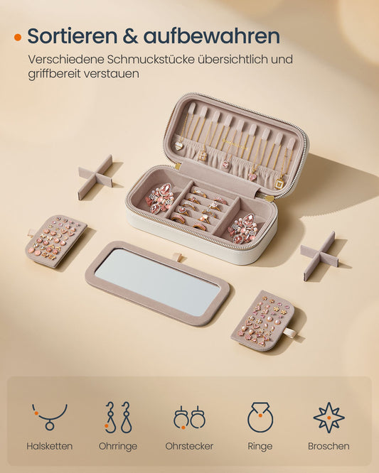 Schmuckkästchen, Schmuck organizer, Schmuckbox, klein, Reise, mit Spiegel, Reißverschluss, weiß, SONGMICS, 3