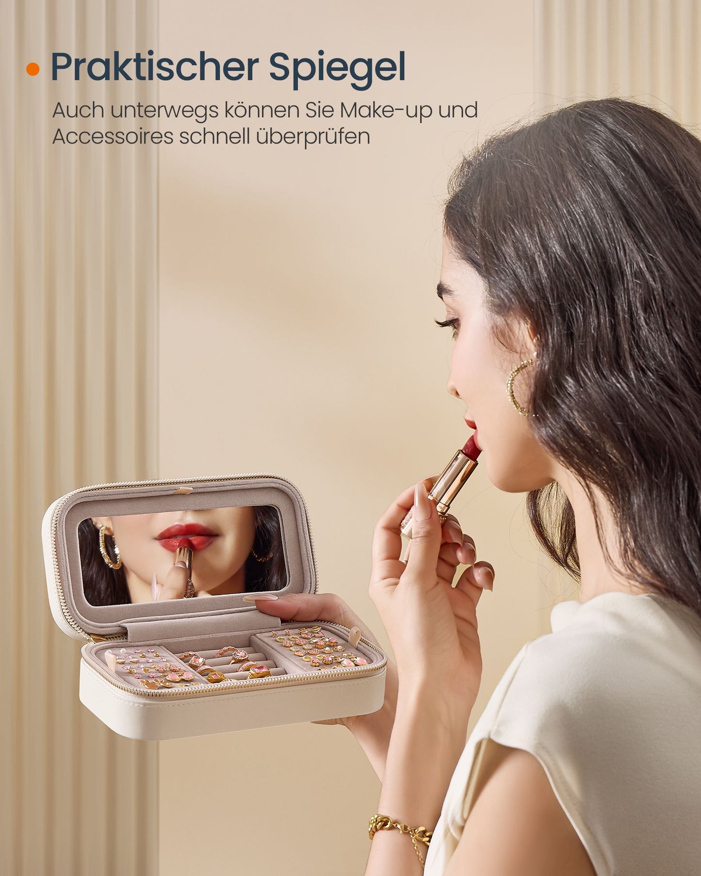 Schmuckkästchen, Schmuck organizer, Schmuckbox, klein, Reise, mit Spiegel, Reißverschluss, weiß, SONGMICS, 4
