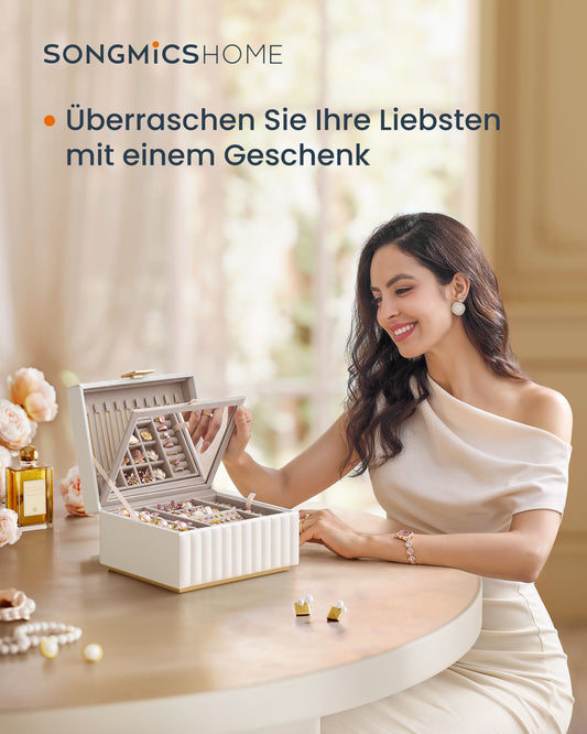Schmuckkästchen, 2 Ebenen, Schmuckschatulle, Schmuckbox, mit Spiegel, Schmucktablett herausnehmbar, weiß, SONGMICS, 2