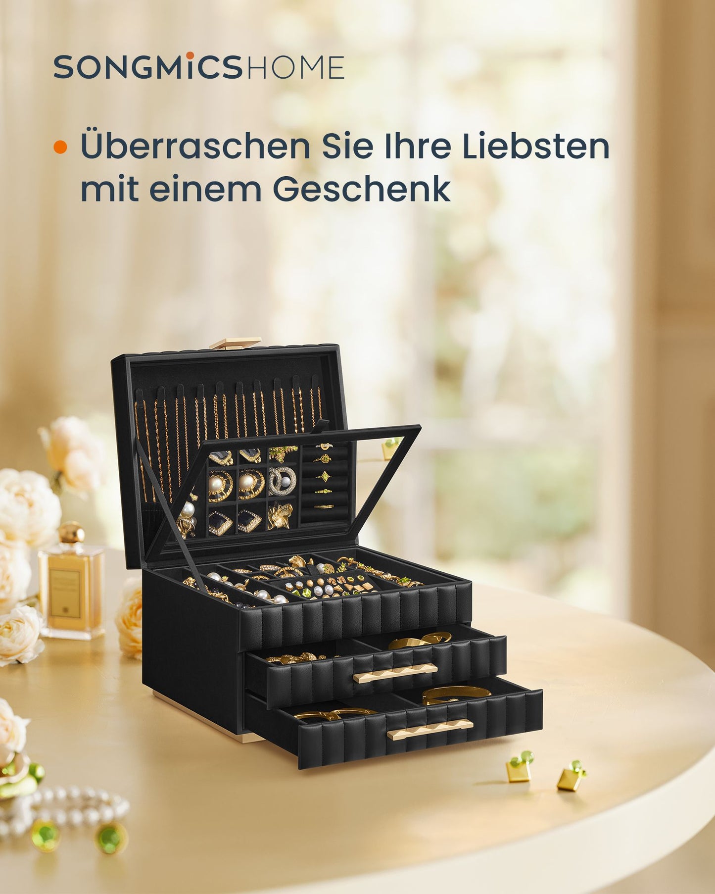 Schmuckschatulle, Schmuckkästchen, mit Spiegel, 3 Ebenen, Schmuckaufbewahrung 2 Schubladen, Schwarz, SONGMICS, 2