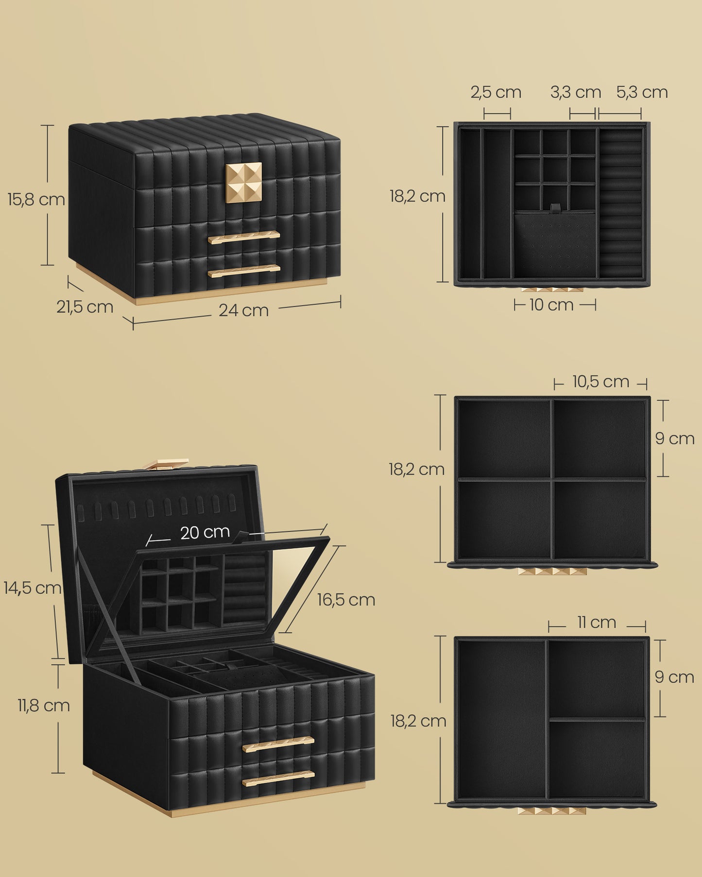 Schmuckschatulle, Schmuckkästchen, mit Spiegel, 3 Ebenen, Schmuckaufbewahrung 2 Schubladen, Schwarz, SONGMICS, 5