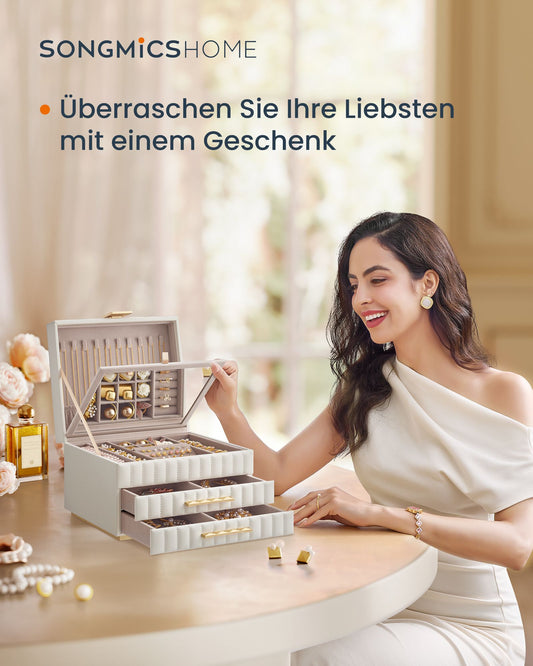 Schmuckschatulle, Schmuckkästchen, mit Spiegel, 3 Ebenen, Schmuckaufbewahrung 2 Schubladen, wolkenweiß, SONGMICS, 2