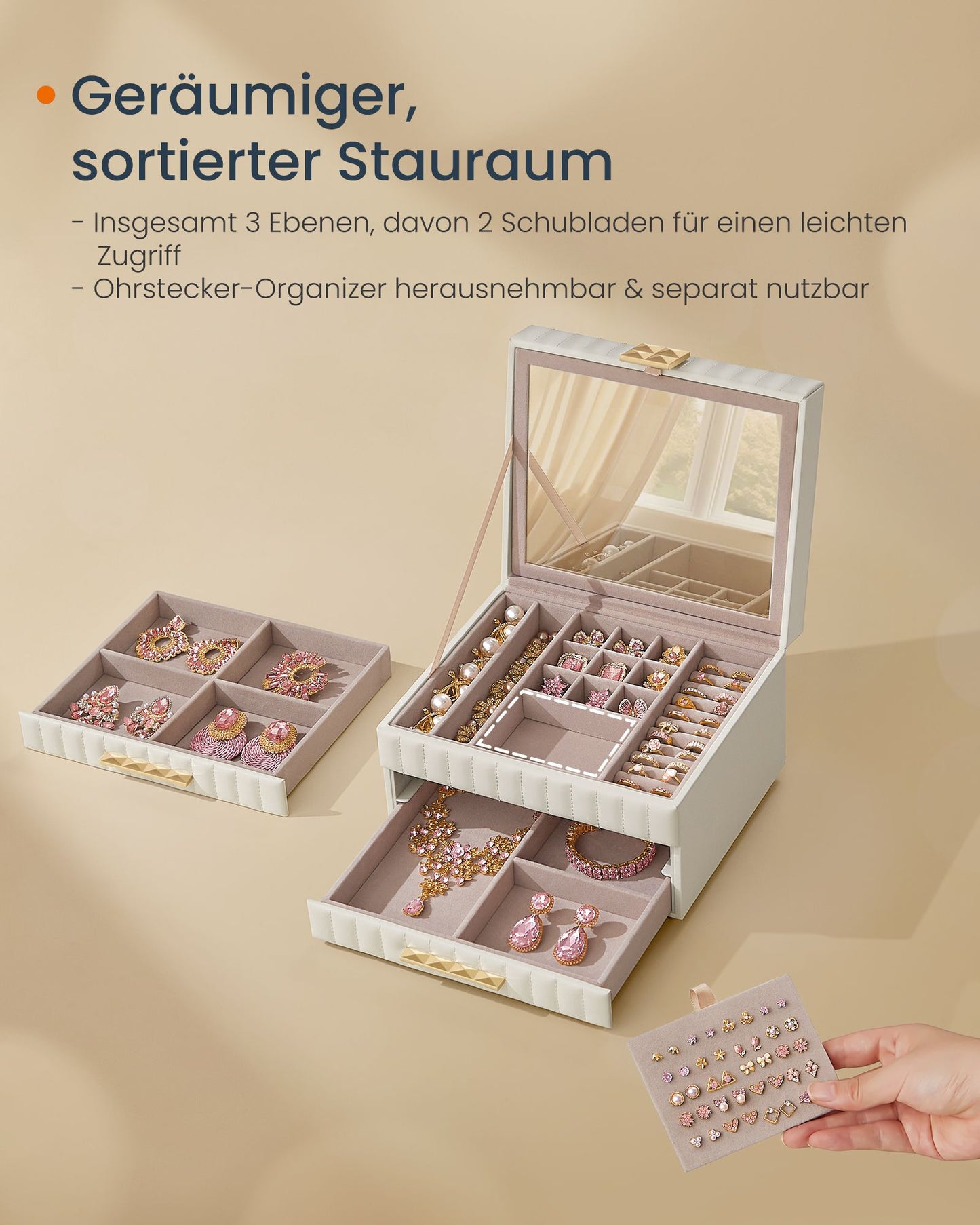 Schmuckschatulle, Schmuckkästchen, mit Spiegel, 3 Ebenen, Schmuckaufbewahrung 2 Schubladen, wolkenweiß, SONGMICS, 4