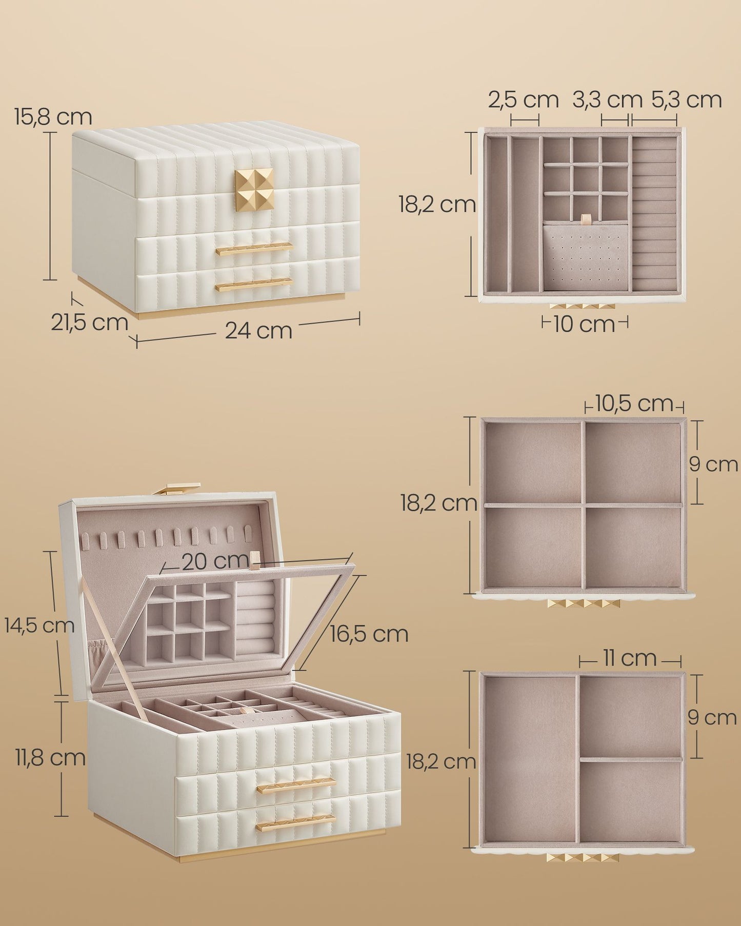 Schmuckschatulle, Schmuckkästchen, mit Spiegel, 3 Ebenen, Schmuckaufbewahrung 2 Schubladen, wolkenweiß, SONGMICS, 5