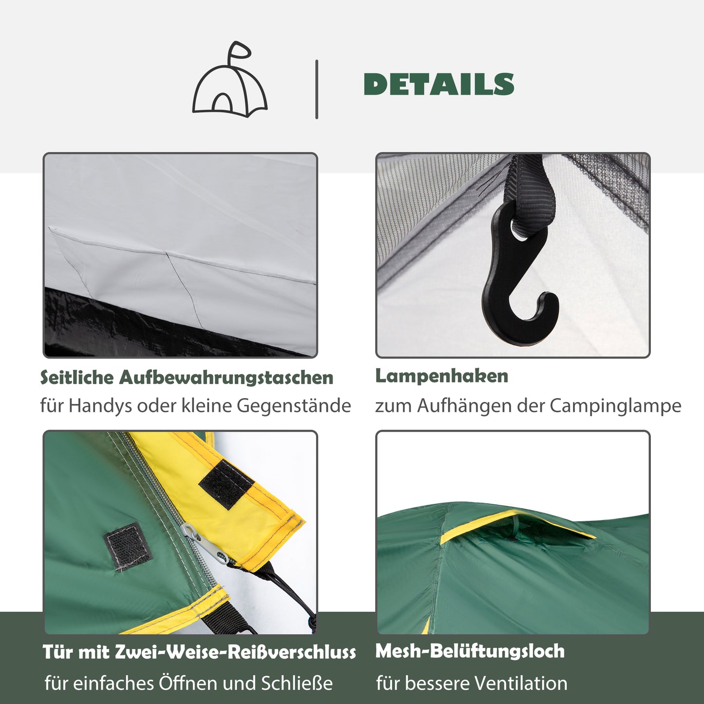 Outsunny - Kuppelzelt 2-3 Personen 190T Glasfaser Polyester Grün+Gelb 325x183x130cm Heringe