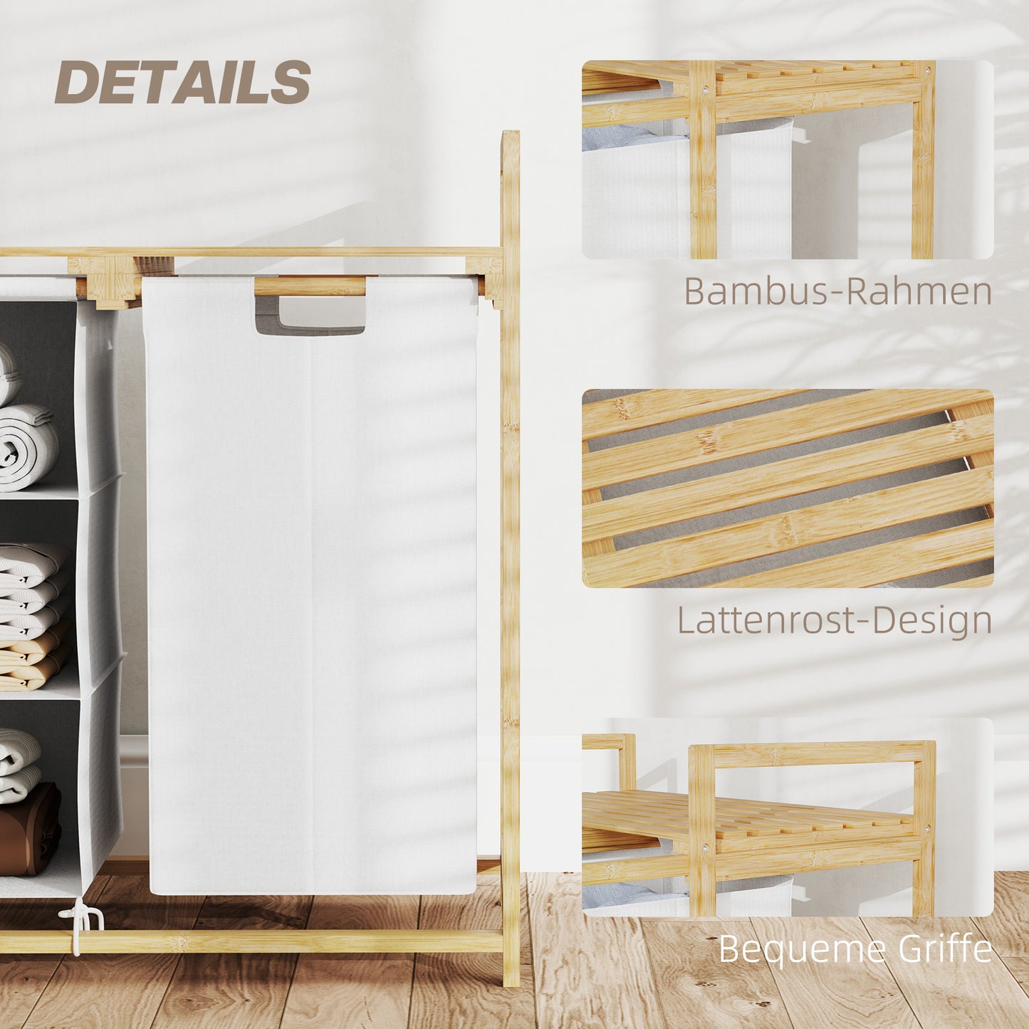 Wäschekorb, 83L, Wäschesammler, 4 Fächer, Wäschebox, Badezimmer Regal, mit offene Ablagen, Bambus, Weiß, HOMCOM, 6