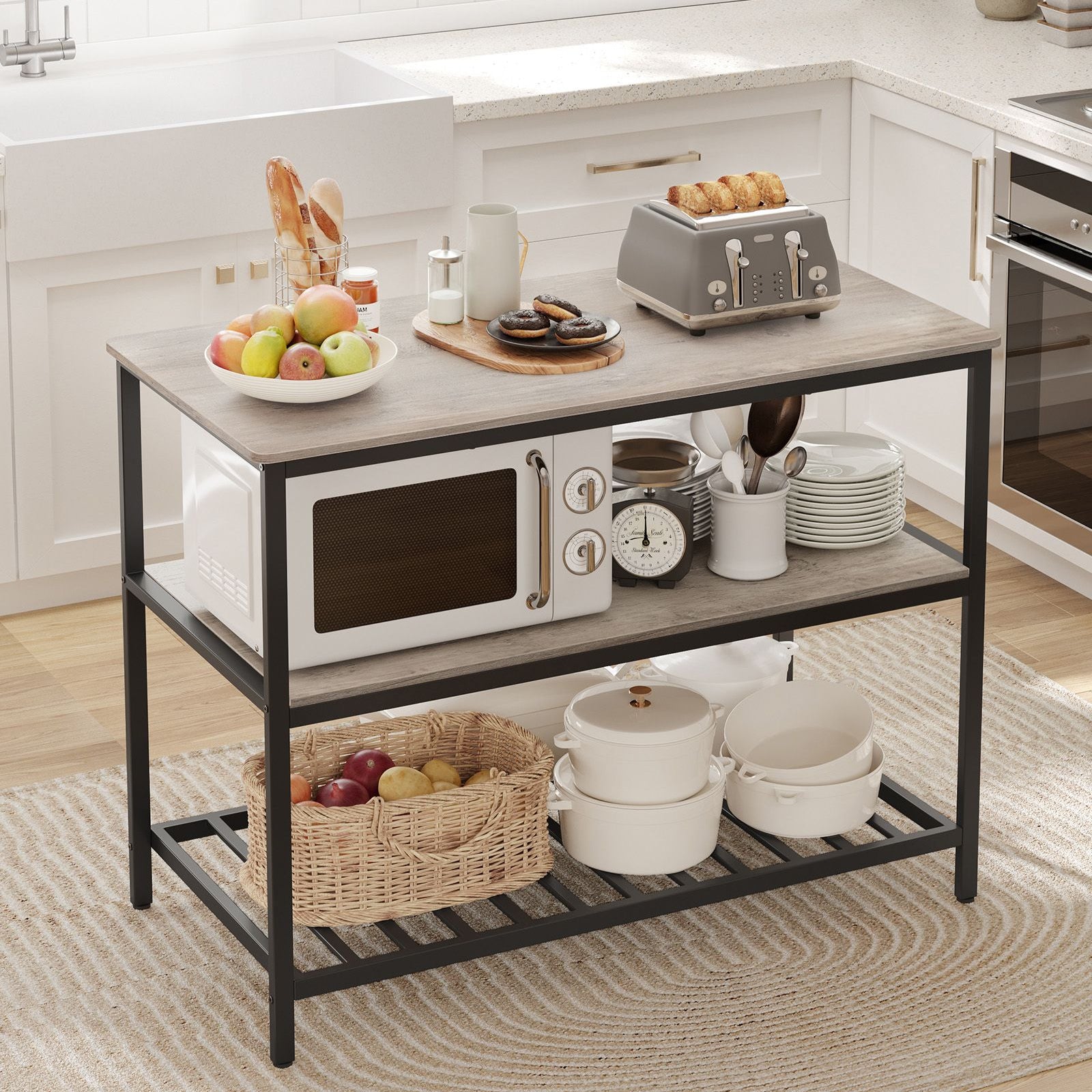 Kücheninsel Freistehend, Küchenregal, mit 3 Ablagen, Küchenregal arbeitsplatte, Mikrowellenregal, Greige Schwarz, Vasagle, 3
