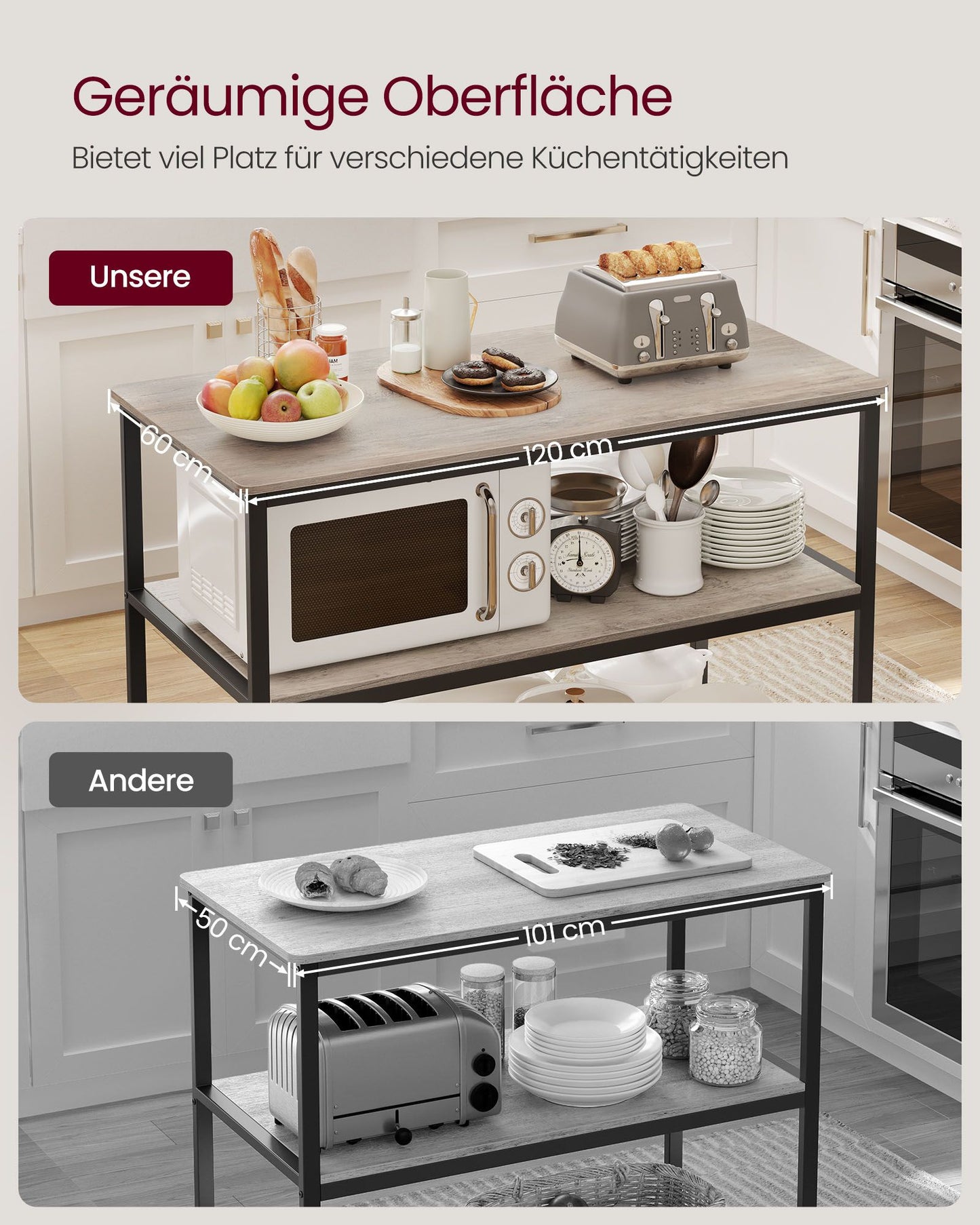 Kücheninsel Freistehend, Küchenregal, mit 3 Ablagen, Küchenregal arbeitsplatte, Mikrowellenregal, Greige Schwarz, Vasagle, 5