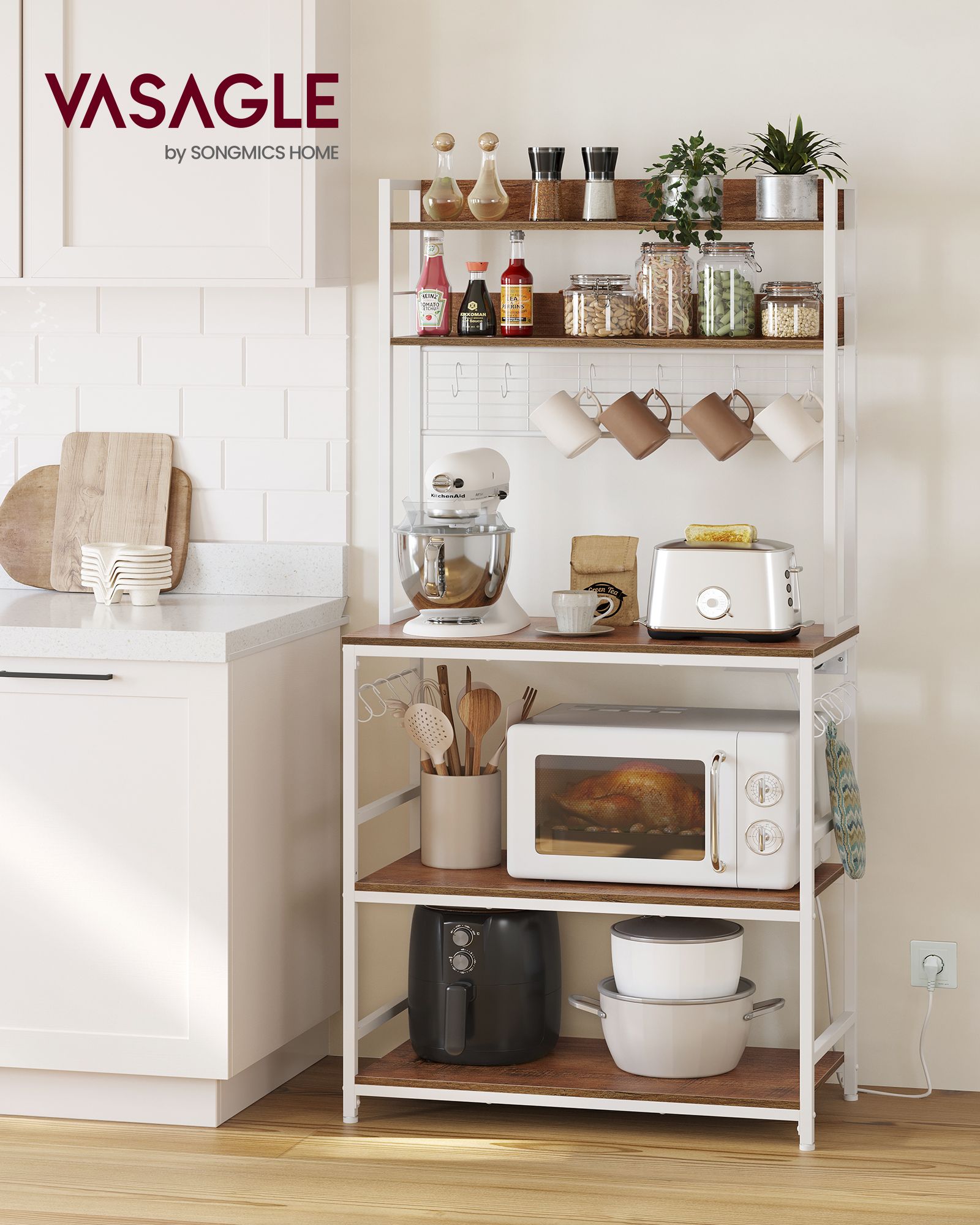 Küchenregal Stehend, Standregal, mit Steckdosen, Mikrowellenregal, mit Gitterplatte, 14 Haken, arbeitsplatte, Weiß, Vasagle, 2